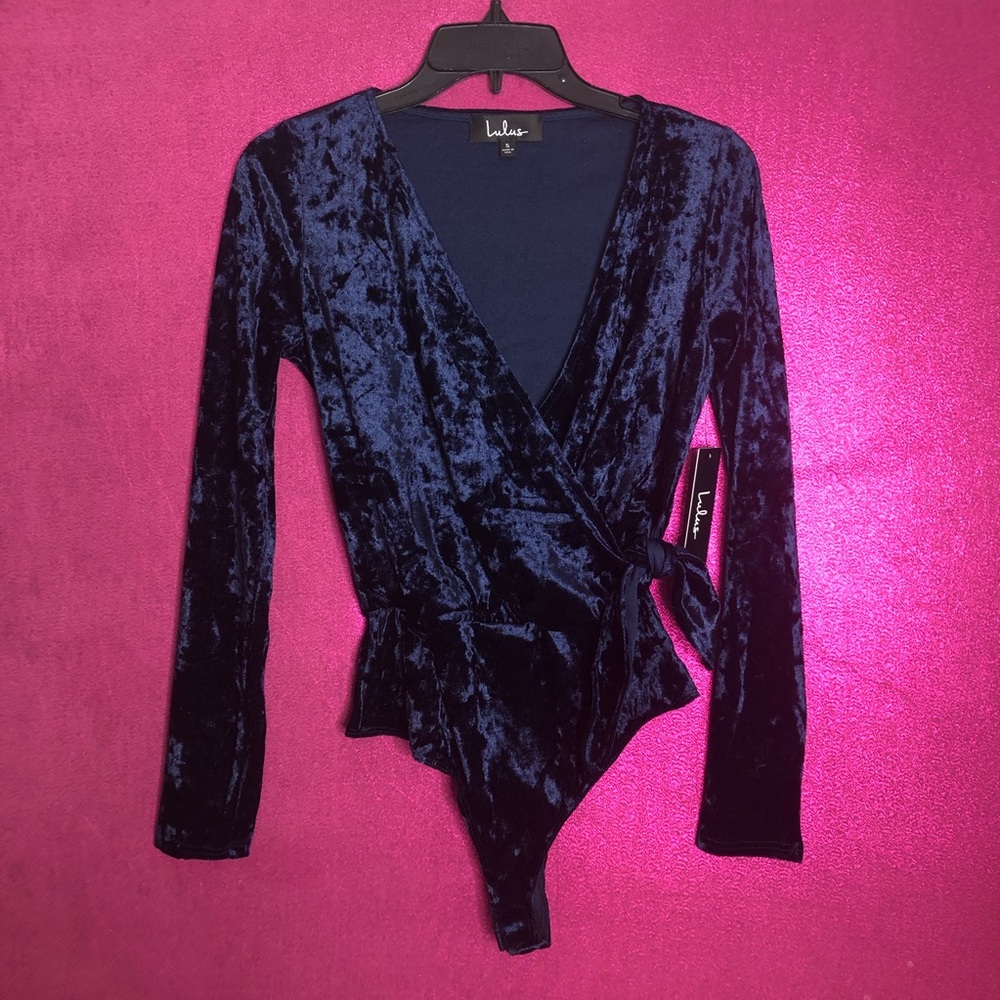 Lulus Navy Blue Velvet Long Sleeve Bodysuit